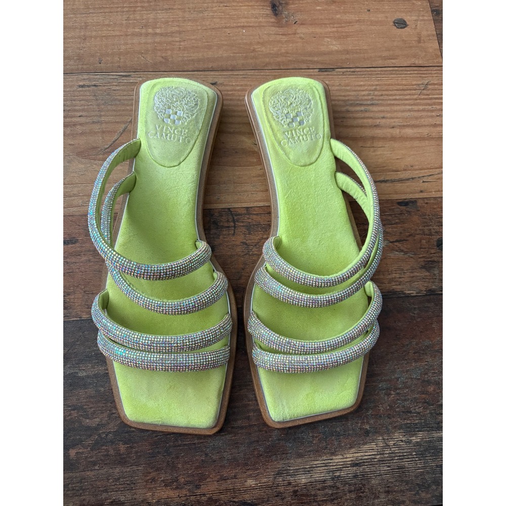 Vince Camuto Peomi Lime Green Rhinestone Multi Strap Square Toe Flat Sandals 10M